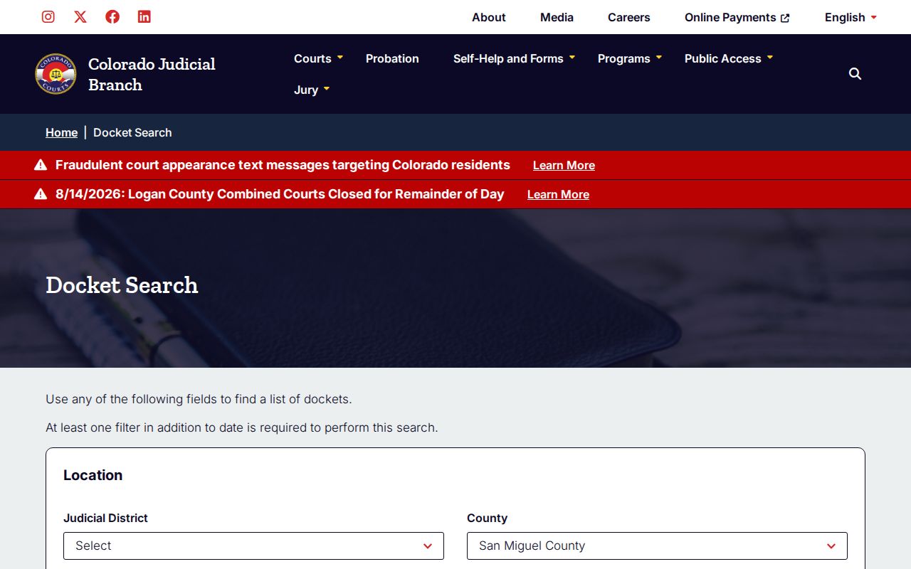 San Miguel County court calendar weekly docket search
