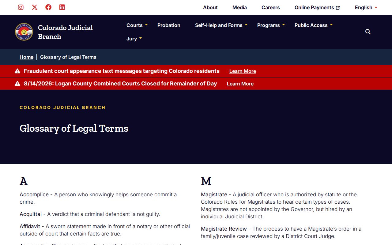 San Miguel County court calendar legal terms glossary