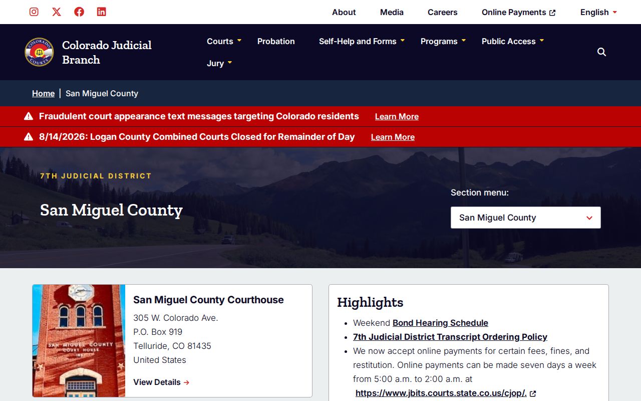 San Miguel County court docket access through the Combined Courts page