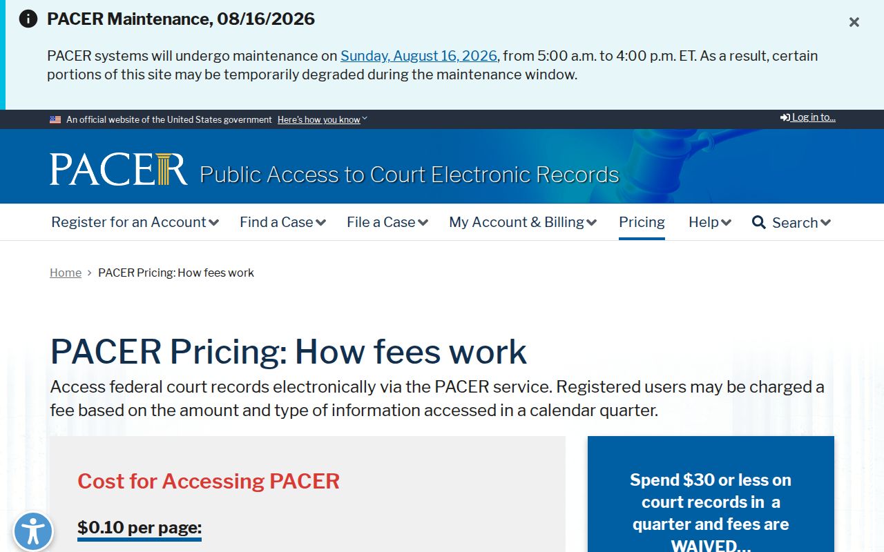 Sawpit federal docket record pricing information